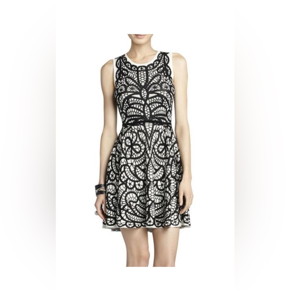 WOMENS BCBGMAXAZRIA TALULAH BLACK WHITE JACQUARD A-LINE SILK KNIT DRESS Size SM